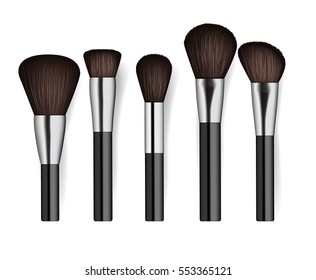 Realistic cosmetics brush set isolated on white background vector illustration. Facial makeup tools collection. Various fashion and beauty professional brush, decorative cosmetics concealer powder