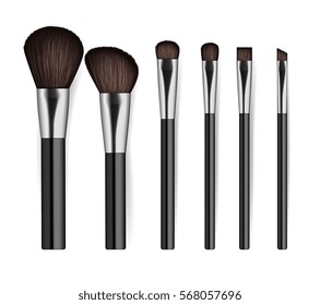 Realistic cosmetics brush set isolated on white background vector illustration. Facial makeup tools collection. Various fashion and beauty professional brush, decorative cosmetics concealer powder