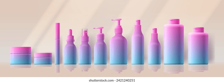 Realistic cosmetics colorful gradient design bottle set. Vector packaging mockup illustration