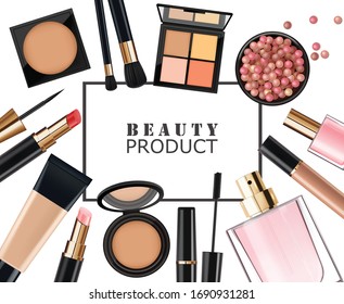 Realistic cosmetics make up set, big collection makeup product, powder, lipstick, mascara, makeup brush, eye shadow, concealer, nail polish, perfume and eyeliner, vector facial set