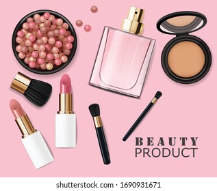 Realistic cosmetics make up set, big collection makeup product, powder, lipstick, mascara, makeup brush, eye shadow, concealer, nail polish, perfume and eyeliner, vector facial set