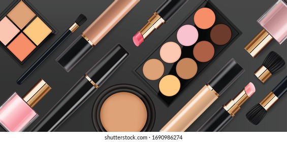 Realistic cosmetics make up set, big collection makeup product, powder, lipstick, mascara, makeup brush, eye shadow, concealer, nail polish, perfume and eyeliner, vector facial set