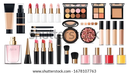 Realistic cosmetics make up set, big collection makeup product, powder, lipstick, mascara, makeup brush, eye shadow, concealer, nail polish, perfume and eyeliner, vector facial set