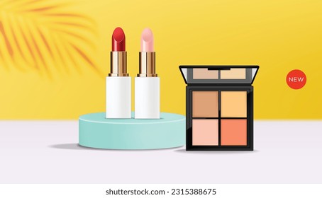 Equipo de confección de cosméticos realistas, producto de maquillaje de colección, polvo, lápiz labial, conjunto facial vectorial