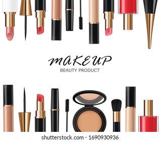 Realistic cosmetics makeup set, big collection makeup product, powder, lipstick, mascara, makeup brush, eye shadow, concealer, nail polish and eyeliner, vector facial set