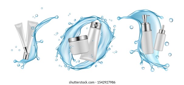 Embalaje cosmético realista, salpicaduras de agua. Cosméticos hidratantes, suero, conjunto vectorial de crema. Botellas blancas y agua