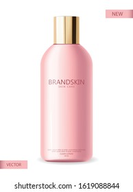 Realistic cosmetics, pink bottle, packaging mockup, skin care cosmetics, clean lotion, beauty card, face treatment, isolated container 3d white background vector