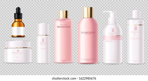 Realistic Cosmetics, Pink Design, White Bottle Set,  Packaging Mockup, Skin Care, Hydration Cream, Toner, Cleanser, Serum, Beauty Card, Face Treatment, Isolated Container 3d White Background Vector