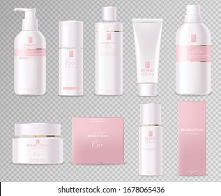 Realistic cosmetics, pink design, white bottle set, packaging mockup, skin care, hydration cream, toner, cleanser, serum, beauty card, face treatment, isolated container 3d white background vector