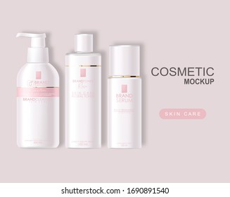 Realistic cosmetics, pink design, white bottle set, packaging mockup, skin care, hydration cream, toner, cleanser, serum, beauty card, face treatment, isolated container 3d white background vector