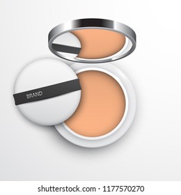 Realistic cosmetics powder package design, top view, isolated on white