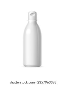 Realistic cosmetics product bottle, plastic container isolated 3d vector mockup. Lightweight and durable white flask, designed to hold beauty production, lotions, creams, body milk, shampoo or serums