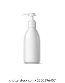 Realistic cosmetics product bottle with pump dispenser offers convenient and mess-free application. Liquid soap, sanitizer, hand cream isolated 3d vector white package mockup, plastic flask object