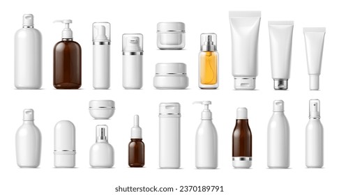 Realistic cosmetics product bottle, tube and plastic containers. Isolated 3d vector mockup of cosmetic products. Cream jar, spray, oil, lotion or shampoo, gel shower and liquid soap, antiperspirant