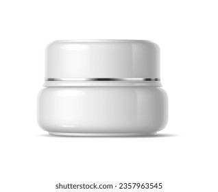 Producto cosmético realista contenedor plástico de crema Aislado 3d vectorial mockup. Frasco blanco con tapa que se utiliza para almacenar y dispensar cremas o lociones con fines cosméticos o de cuidado de la piel