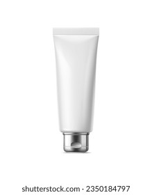 Realistic cosmetics product tube. White cream, shaving foam, toothpaste or gel tuba isolated 3d vector mockup. Premium skin care, face moisturizer package template with silver cap or lid front view