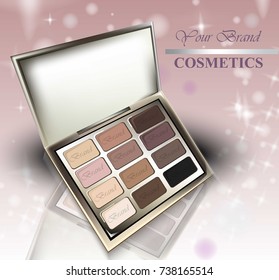 Realistic cosmetics set on sparkling background. Eye shadows Nude Pastel Colors collection. Cosmetic packaging, ad, mock up