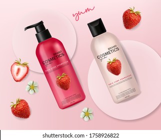 Realistic cosmetics with strawberry , skin care, summer cosmetics, geometric forms, shampoo and conditioner, pink bottle packaging mockup 3d, strawberry liquid, pink design, vector illustration