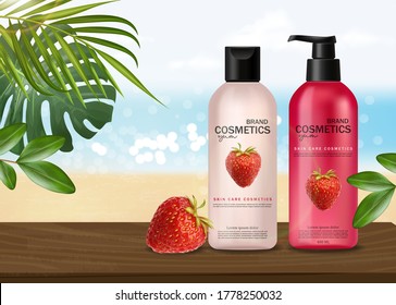 Realistic cosmetics with strawberry , skin care, summer cosmetics, shampoo and conditioner, pink bottle packaging mockup 3d, strawberry liquid, pink design, sea banner, ocean view vector illustration