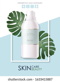 Realistic cosmetics and tropical leaves, blue design, white bottle, packaging mockup, skin care cosmetics, cleanser lotion, beauty card, face treatment, isolated container 3d white background vector