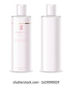 Realistic cosmetics, white bottle, packaging mockup, skin care cosmetics, toner lotion, beauty card, face treatment, isolated container 3d white background vector