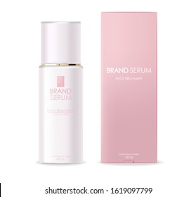 Realistic Cosmetics, White Bottle, Pink Box Packaging Mockup, Skin Care Cosmetics, Serum, Beauty Card, Face Treatment, Isolated Container 3d White Background Vector