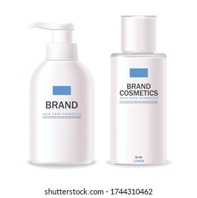 Realistic cosmetics, white bottle set, packaging mockup, skin care, hydration cream, face treatment, isolated container 3d white packaging background vector