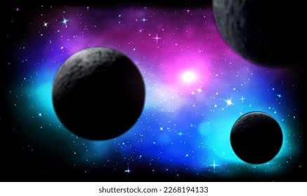 Realistic cosmic galaxy background with nebula and planets. Colorful galaxy with bright stardust. Milky way. Deep purple sky with stars and planets, cosmos dust scenery. Science galaxy cosmis. Vector