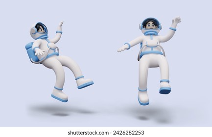 Realistic cosmonaut in weightlessness. Male character falls in space suit