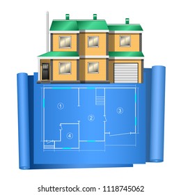 realistic cottage, private house, with adrawing plan on blue paper. vector illustration