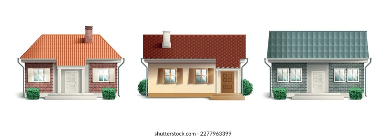 Icono de baldosas de cabaña realista conjunto tres casas en diferentes estilos y colores con diferentes techos ilustración vectorial