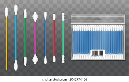 Realistic Cotton Buds Swap Isolated, Wool Ear Stick Medical Hygiene, Various Buds Swabs Blank Plastic.