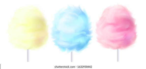 Realistic cotton candy with different flavors, apple, strawberry, berry isolated on white background.