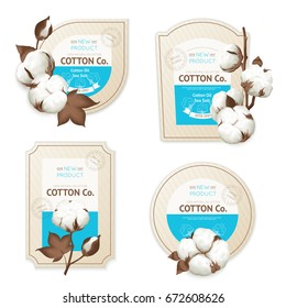 Realistic cotton emblem package icon set with cotton oil sea soft description vector illustration