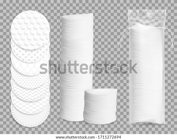 Realistic cotton pads 3d vector isolated mockup.\
Makeup soft discs in plastic package, face hygiene and nursing.\
White round cotton pads top view and side view piles, sanitary\
swabs or napkins in\
pack
