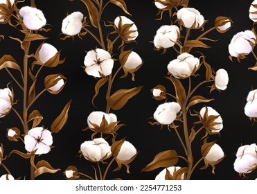 Realistic cotton pattern. boho flowers on black background. Nature plant buds for agriculture farm, floral fabric print, organic and eco elements. Vector seamless exact texture