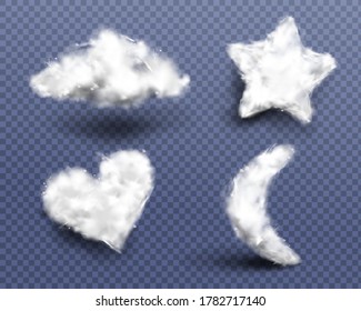 Realistic cotton wool, clouds or wadding balls set isolated on transparent background. Smooth soft pieces of white fluffy material, pure fiber in shape of heart, star and moon 3d vector icons, clipart