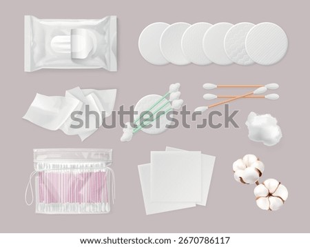 Realistic cotton wool. Hygiene makeup cosmetics skin care products, wet napkin pad disk stack ear swab packaging plastic container, cosmetology 3d exact vector illustration of cosmetic cotton hygiene