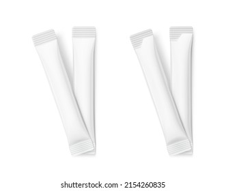 Realistic couple stick pack for products of the food and cosmetic industry on white background. Possibility use for granulated, powder and liquid products. Coffee, 3 in 1, sugar, Vector illustration 