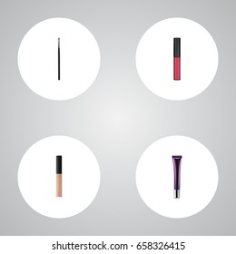 Realistic Cover, Brow Makeup Tool, Liquid Lipstick And Other Vector Elements. Set Of Cosmetics Realistic Symbols Also Includes Pomade, Cosmetics, Brush Objects.