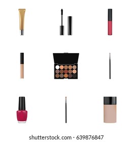 Realistic Cover, Concealer, Eyelashes Ink And Other Vector Elements. Set Of Cosmetics Realistic Symbols Also Includes Palette, Makeup, Ink Objects.