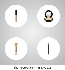 Realistic Cover, Contour Style Kit, Collagen Tube And Other Vector Elements. Set Of Greasepaint Realistic Symbols Also Includes Eye, Blusher, Contour Objects.