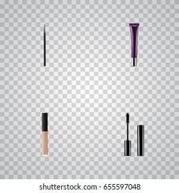 Realistic Cover, Eyelashes Ink, Cosmetic Stick And Other Vector Elements. Set Of Maquillage Realistic Symbols Also Includes Creme, Ink, Stick Objects.