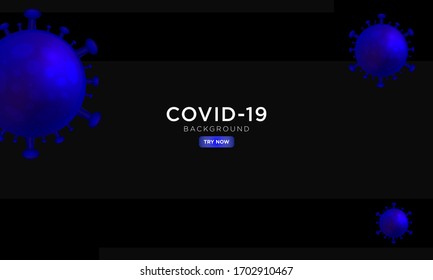 realistic covid-19 background concept, biology virus corona with blue color, black background layout.
