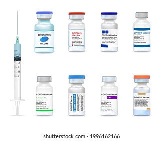 Realistic of Covid-19 coronavirus vaccine. Syringe and vaccine collection. Treatment for coronavirus covid-19. Isolated vector illustration
