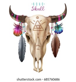 Realistic cow skull in boho style with masonic symbol painted horns and feathers on white background vector illustration