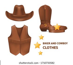 Realistic cowboy brown clothing. Cowboy clothes leather hat, vest, boots, belt vector isolated mock up