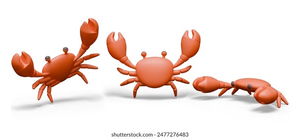 Realistic crab in different positions. Red crustacean creature. Sea dweller