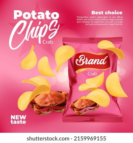 Paquete de comida para picar papas fritas con sabor a cangrejo. Diseño de afiches de promo vectorial 3d con bocadillos crujientes con sabor a marisco y bolso de papel rosa. Publicidad para comida crujiente, promoción de paquetes de chips