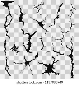 Realistic crack patterns for wall, glass or ground. crevice icons. Vector illustration. Transparent background